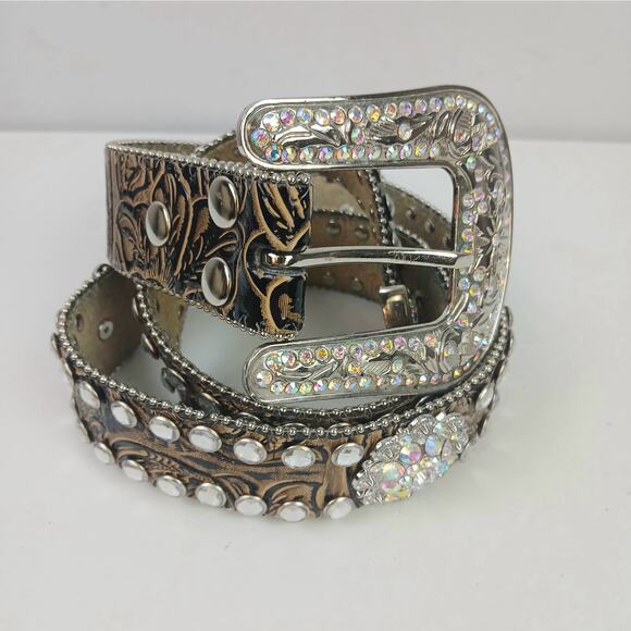 Nocona VTG SZ M Tooled Leather Bling Western Belt Studded Rhinestone Buckle - Picture 2 of 7